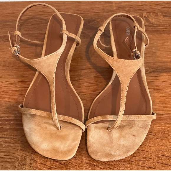 Zara sandals Womens size 40 suede kitten heels brown Sling Back straps $109 - Picture 4 of 6